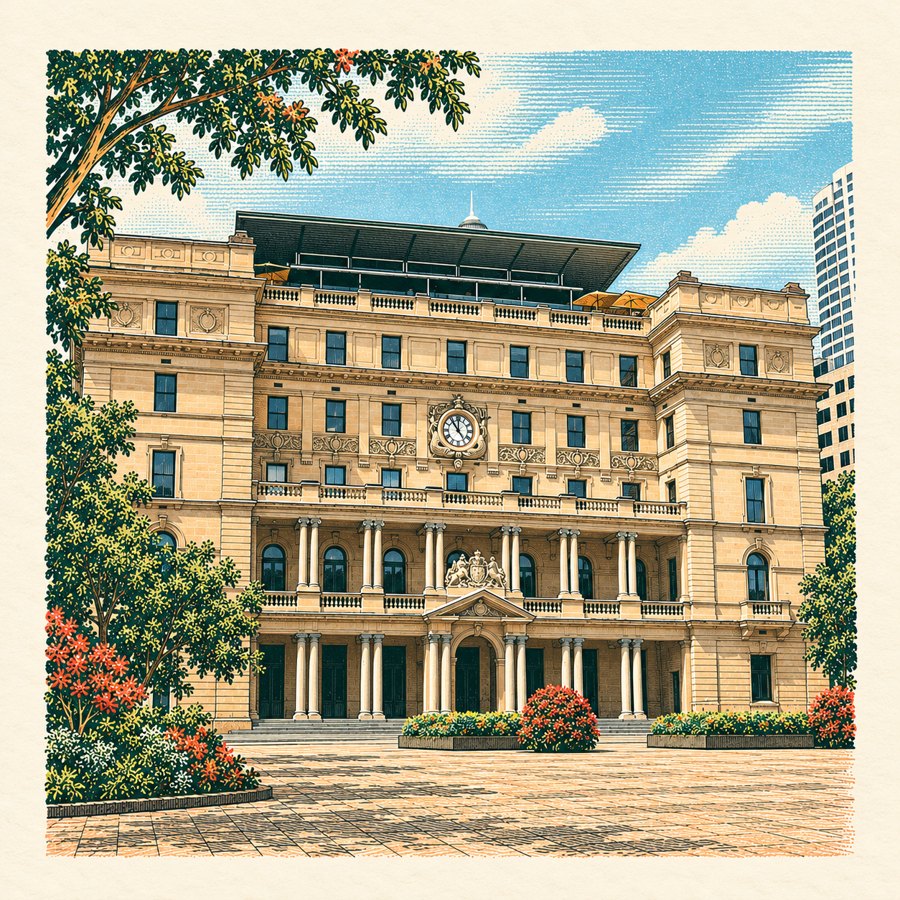 Engraved-style illustration of the sandstone facade of Customs House.
