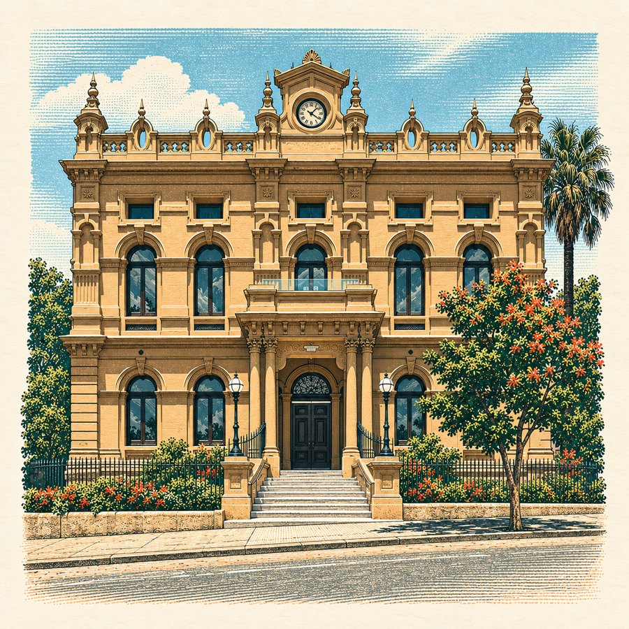 Illustration of Glebe Town Hall, with its clock and arched windows.