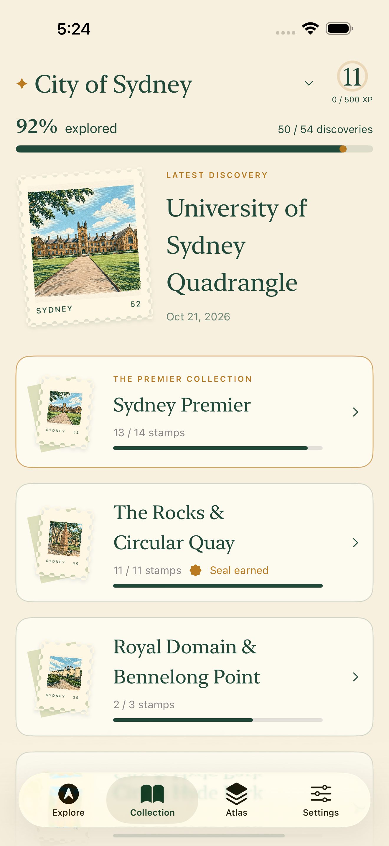 Genuine native iPhone Collection screen with 50 of 54 City discoveries and 13 of 14 Premier stamps in example progress. Neighbourhood covers show relevant collected stamp artwork.