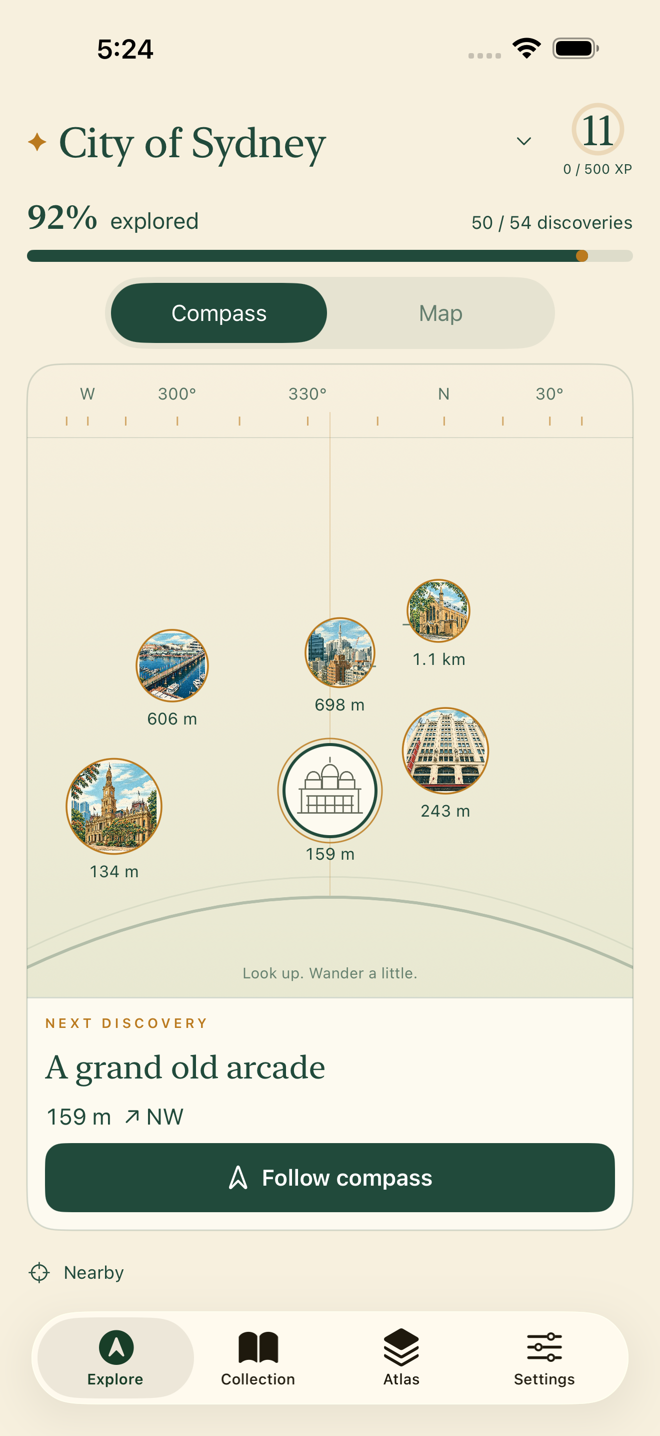 Genuine native iPhone Explore screen with six existing central Sydney catalogue markers on the compass horizon. Example progress shows 50 of 54 City discoveries.
