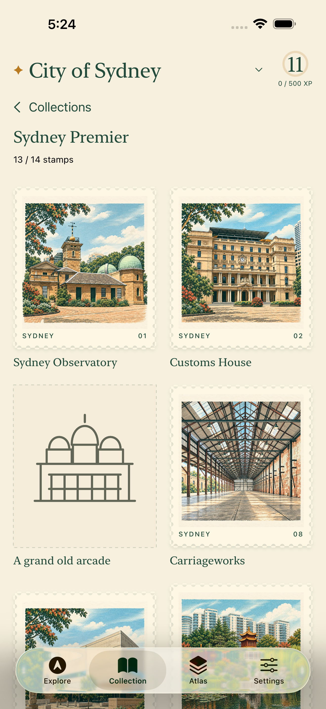 Genuine native iPhone Sydney Premier album showing 13 of 14 stamps in the example collection, with Queen Victoria Building still uncollected.