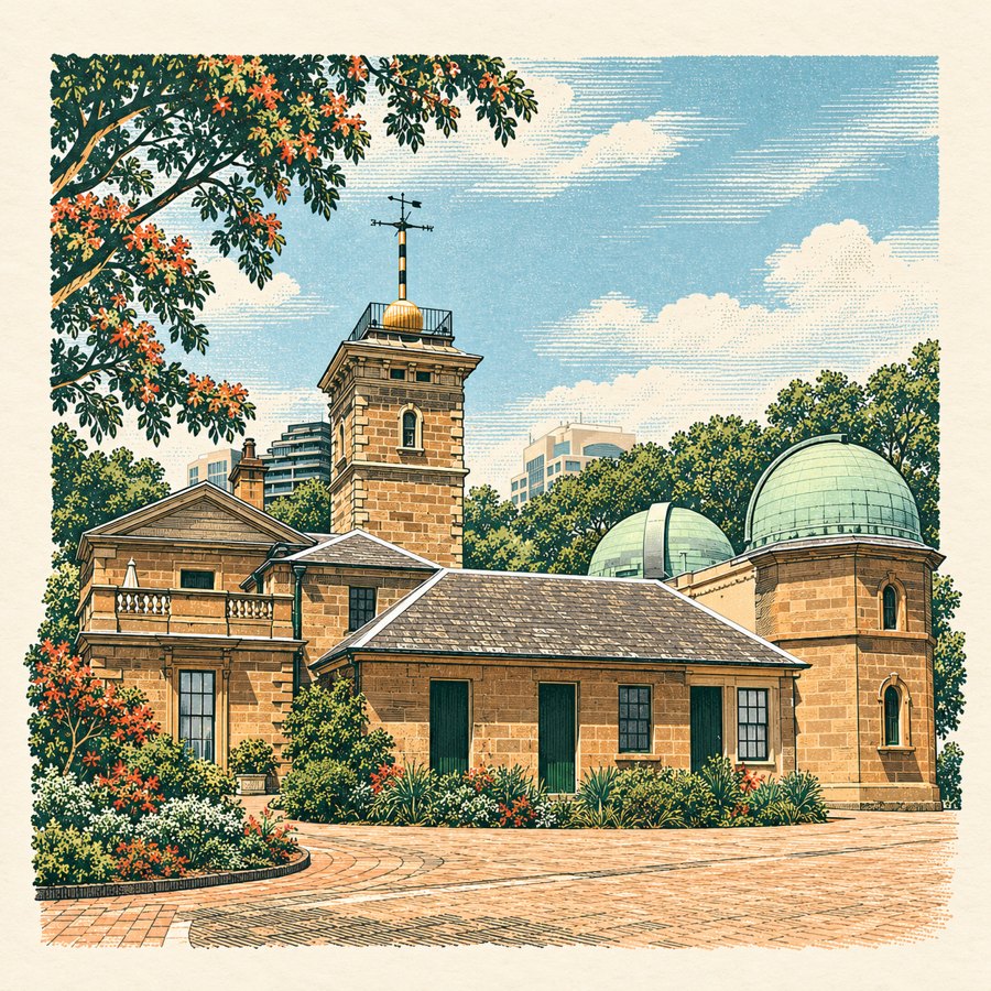 Engraved-style illustration of Sydney Observatory, with sandstone buildings, green domes and a pale blue sky.