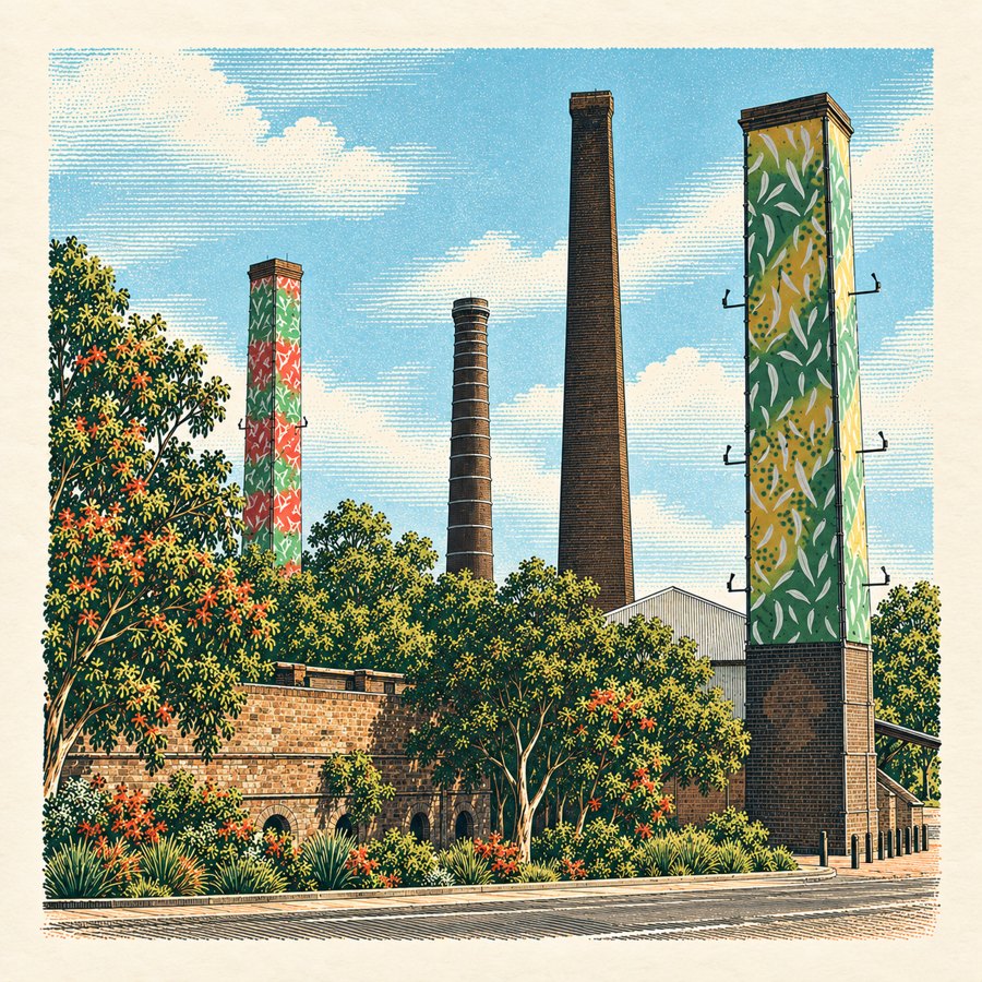 Illustration of the brick chimneys and green landscape at Sydney Park.